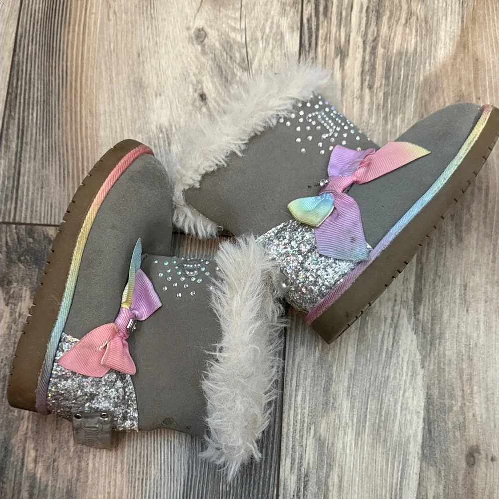Juicy Couture Lil Coronado Gray Boots with Rhinestones & Rainbow Bow